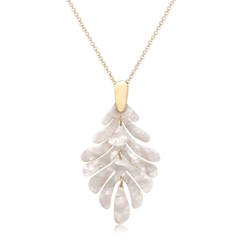 ARATLENCH Acrylic Pendant necklace Earrings â€“ Long Statement Leaf Charm Necklace Tortoise Resin Palm Leaf Earrings Fashion Necklaces Earrings for Women (White) - Image 1